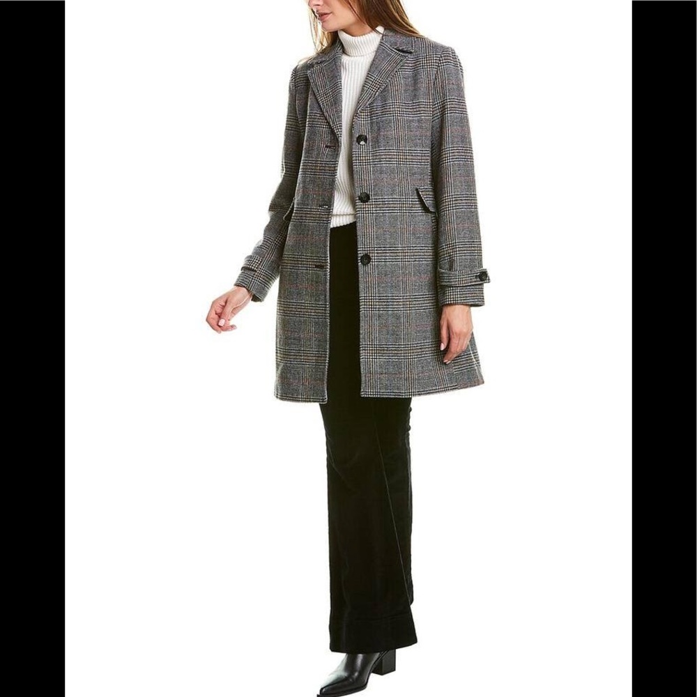Vince Camuto Single Breasted Glen Plaid Wool Blend Walker Coat